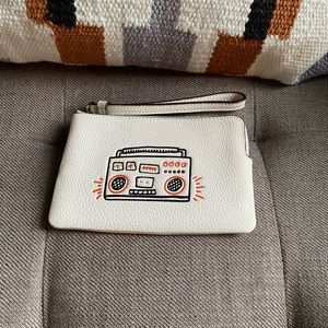 Coach x Keith Herring Boombox White Leather Graphic Embroidered Wristlet Pouch